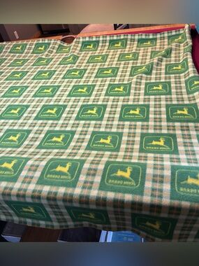 John Deere Logo FLEECE Plaid Green Yellow Blanket Country Style 62”X 59 raw Edge